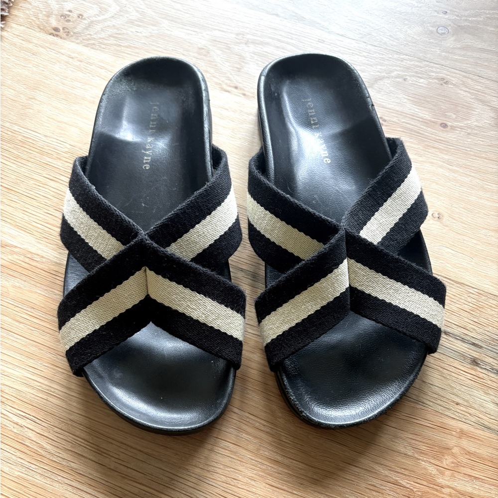 Jenni Kayne Cotton Crossover Sandal in black stripe size 38.